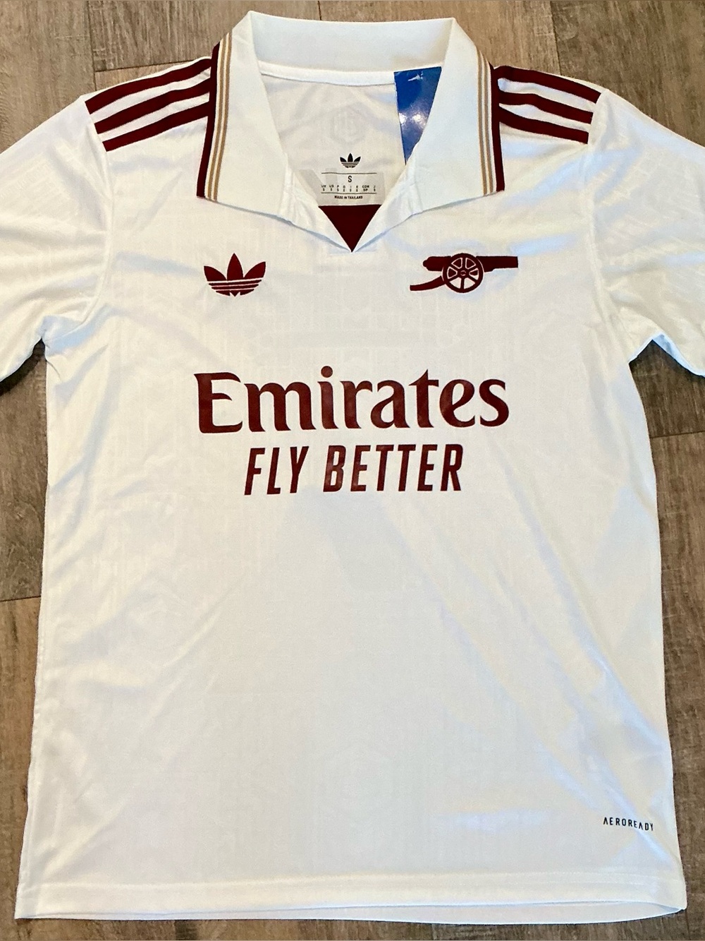 Saka #7 White and Red Arsenal 'Emirates Fly Better' Soccer Jersey